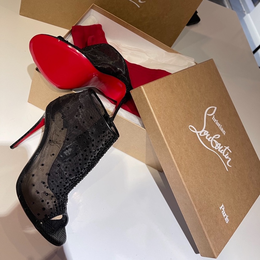 Christian Louboutin Black Mesh Crystal Open Toe Booties. No box or bag